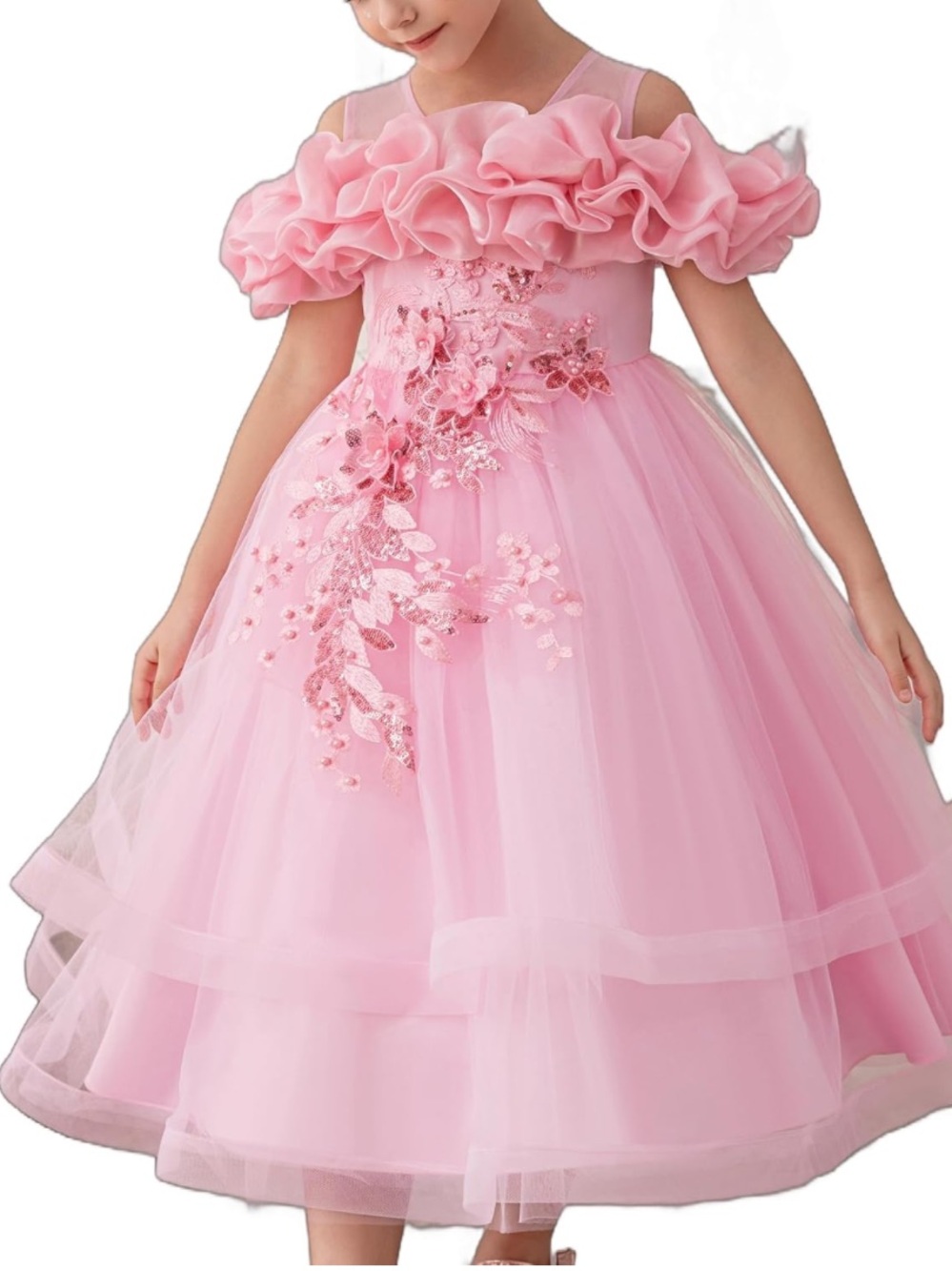 Pink Floral Ruffle Tulle Party Dress - Picture 3 of 7